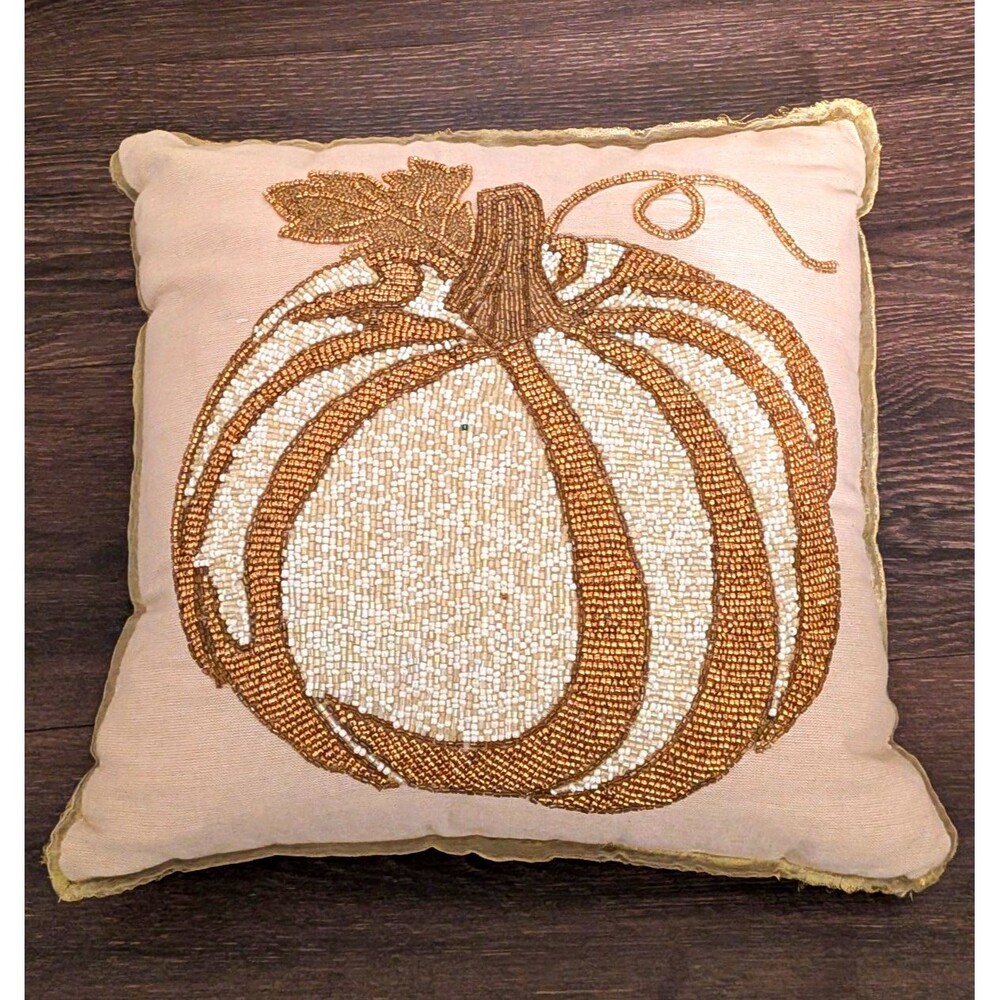 Pier 1 Beaded Pumpkin Throw Pillow Cotton Zip Beige/Brown/White